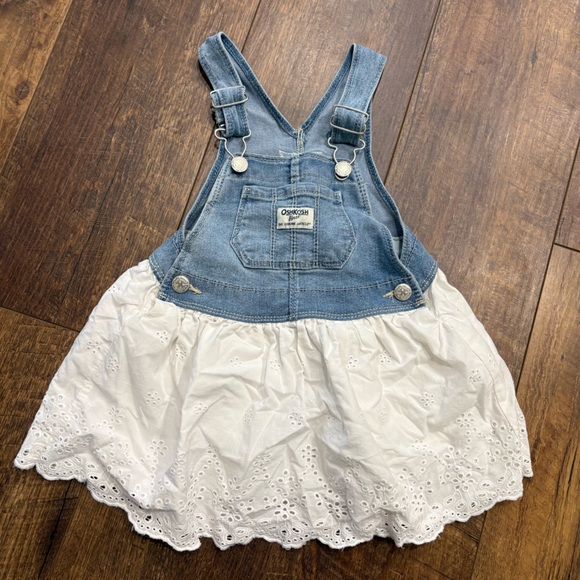 OshKosh B'gosh Blue Denim and White Eyelet Overall Dress - Picture 1 of 7